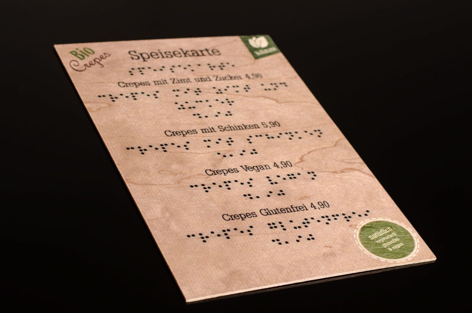 Speisekarte auf Holz - Druck von Braille