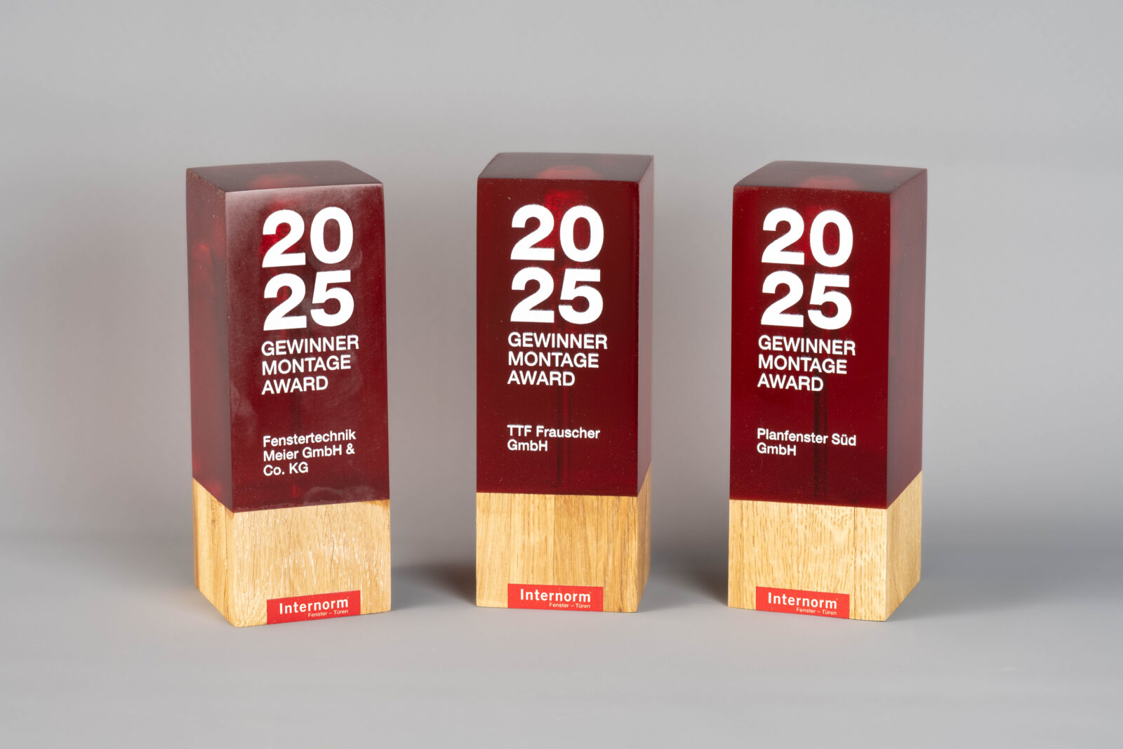 Drei Design-Pokale von vorne. Man sieht in dem roten Kunstharz einen Schraubenzieher suspendiert. Vorne ist noch der Text zu dem Award auf dem Kunstharz gedruckt mit Unterschiedlichen geehrten auf jedem Pokal.