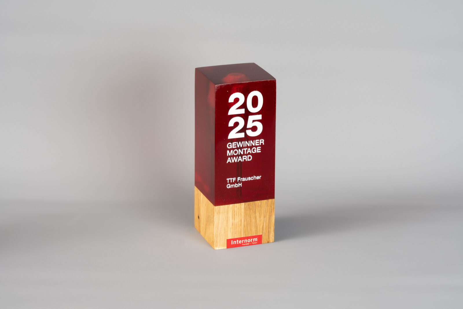 Maßgefertigte Auszeichnung mit Kombination aus Holz, Kunstharz und 3D-gedruckten Objekten.