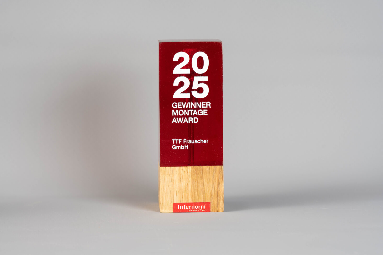 Ein Design-Pokal von vorne. Man sieht in dem roten Kunstharz einen Schraubenzieher suspendiert. Vorne ist noch der Text zu dem Award auf dem Kunstharz gedruckt.