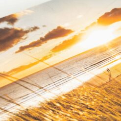 Nahaufnahme der Oberfläche von einem Fotodruck auf neue Holzlatten. Man sieht die Maserung des Holzes am Himmel des Fotos.