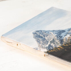 Nahaufnahme der Oberfläche von einem Fotodruck auf neue Holzlatten. Man sieht die Maserung des Holzes.